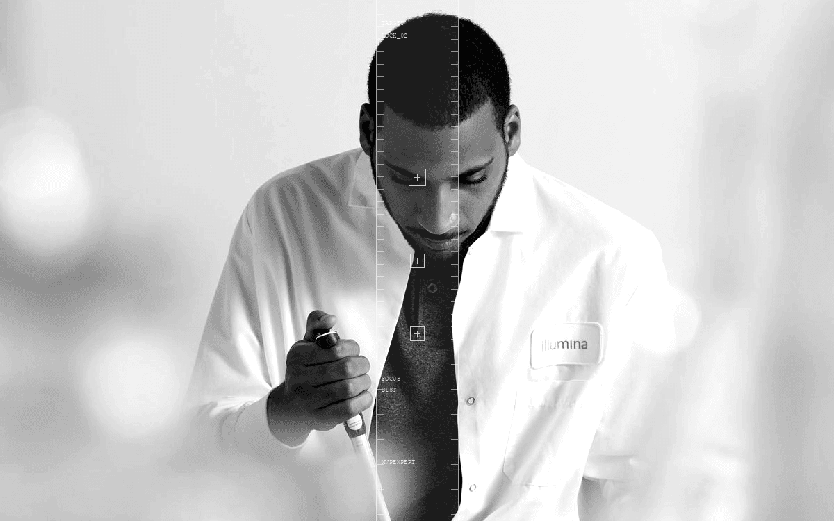 Monochrome professional in a lab coat — with tech HUD overlay